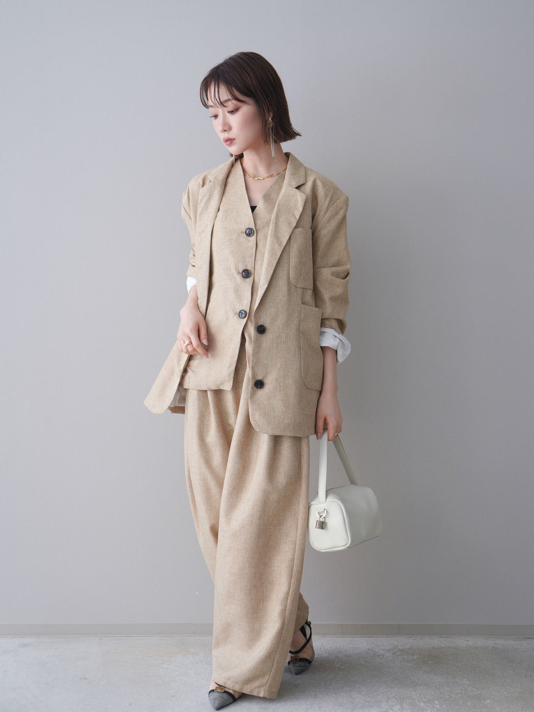 [予約]リネンライクタックワイドパンツ/beige