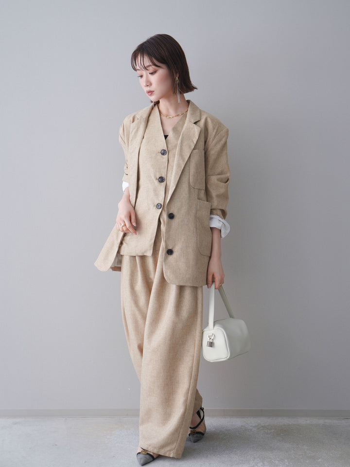 [予約]リネンライクタックワイドパンツ/beige