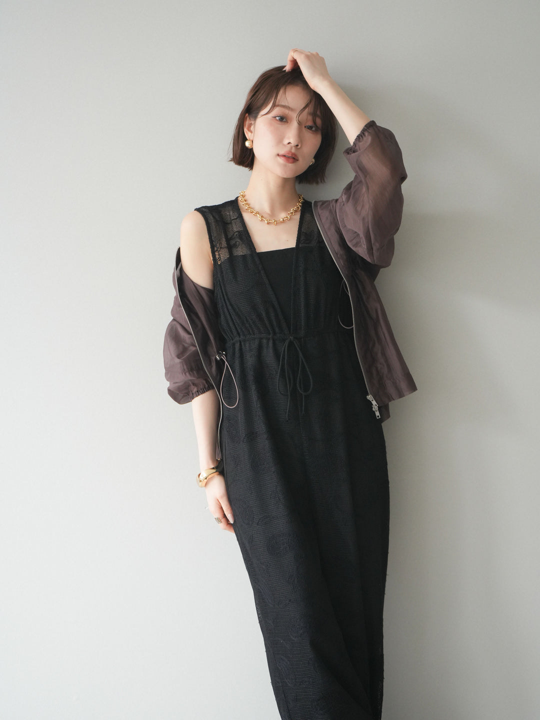 [SET]レース刺繍サロペット+ドロストシアーブルゾン(2set)