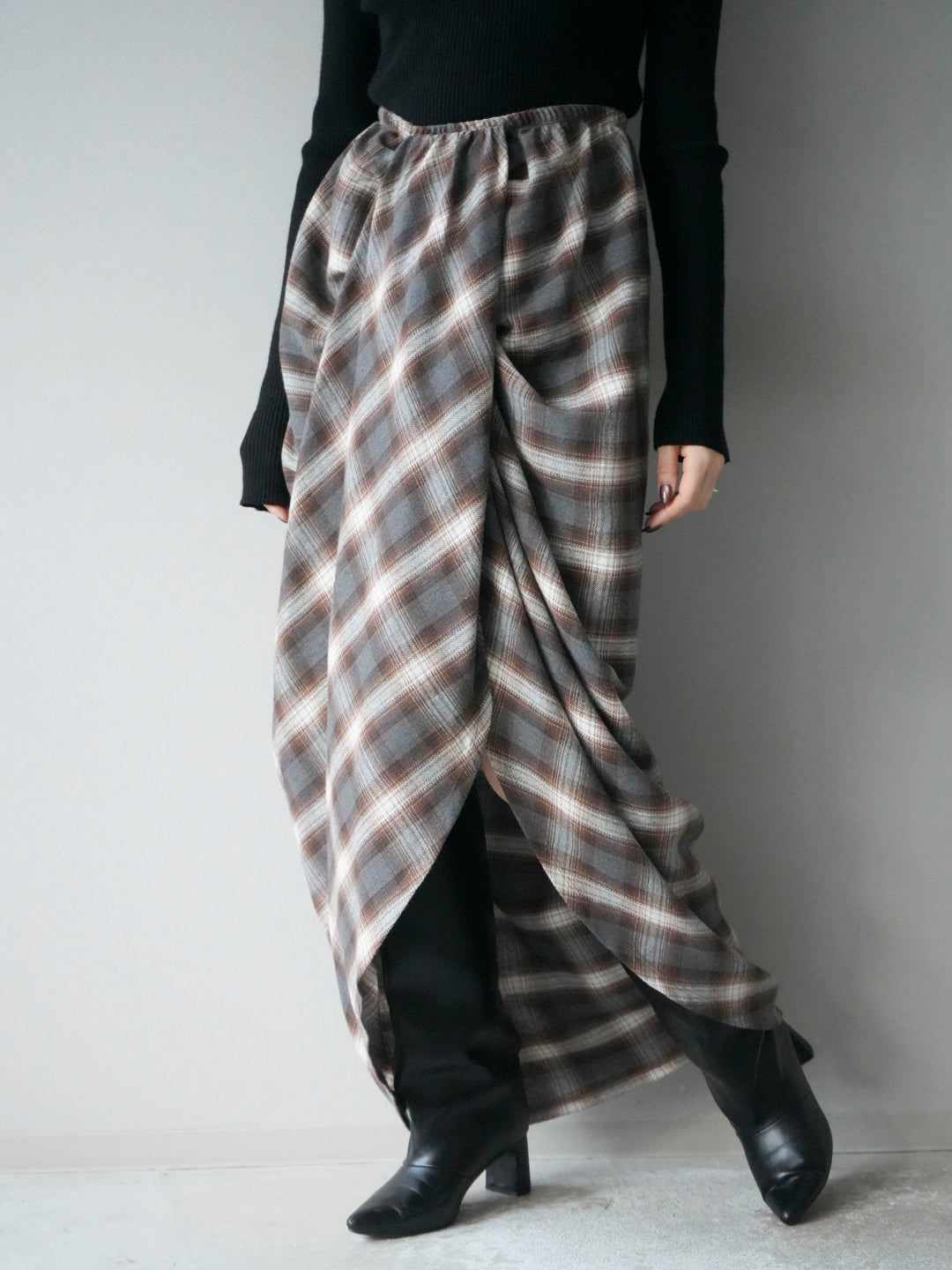 [予約]タックデザインチェックスカート/ブラウン