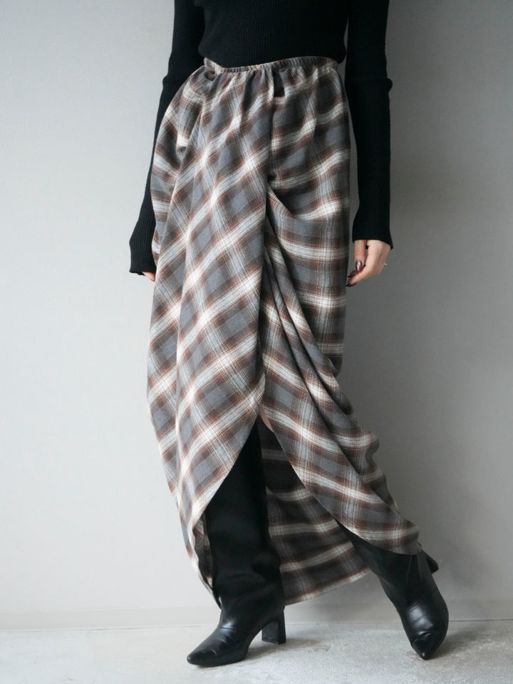 [予約]タックデザインチェックスカート/ブラウン