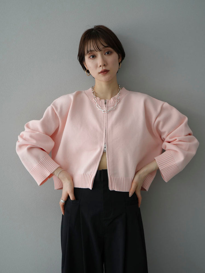 【預訂】雙拉鍊短款針織開襟衫/粉紅色
