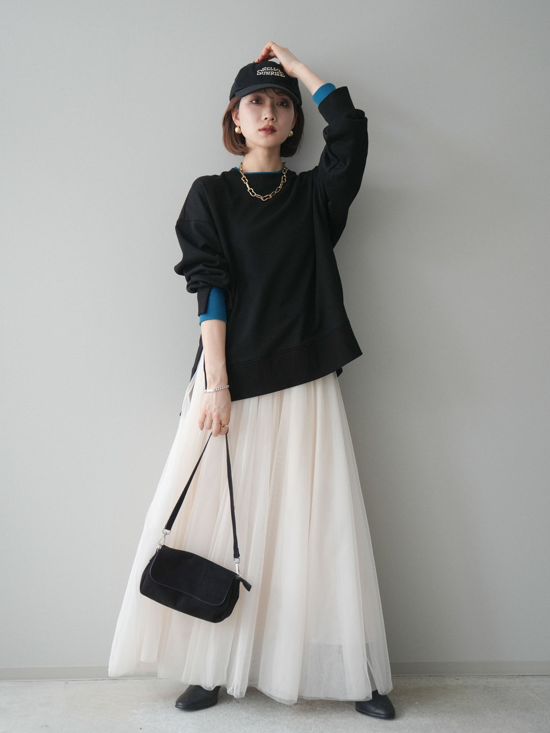 [SET]配色レイヤードデザインスエットプルオーバー+チュールボリュームスカート(2set)