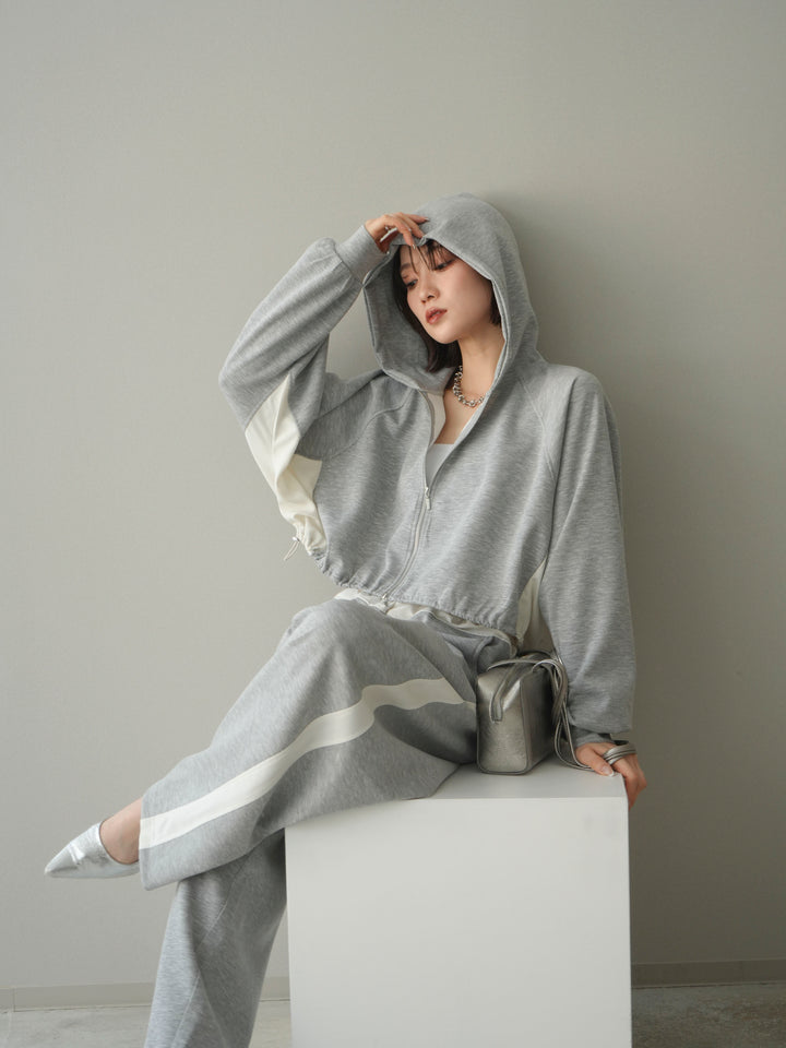 [予約]バイカラー異素材ライトポンチクロップドZIPフーディー/gray