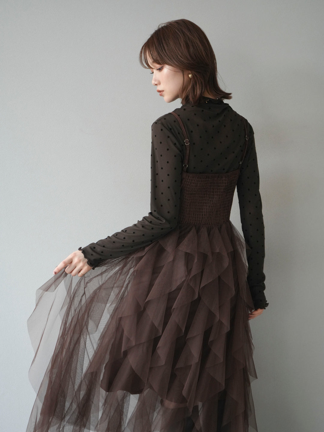 [予約]レザー切替チュールラッフルワンピース/brown