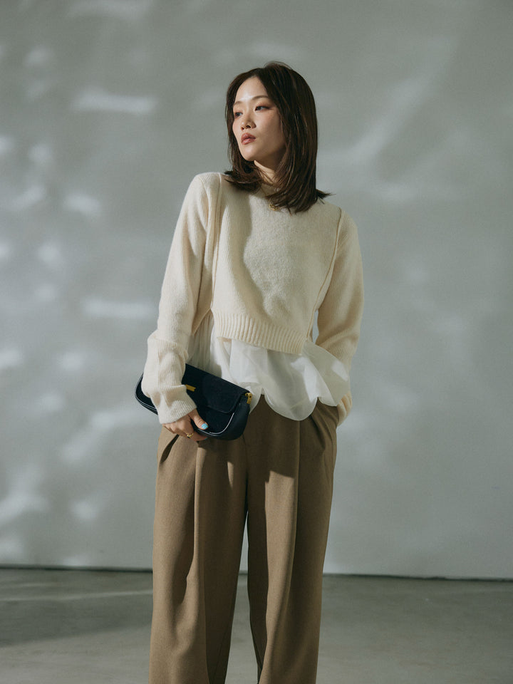 【Allure】[SET]オーガンジーバルーンキャミアンサンブルニット+アシンメトリーウエストタックパンツ(2set)