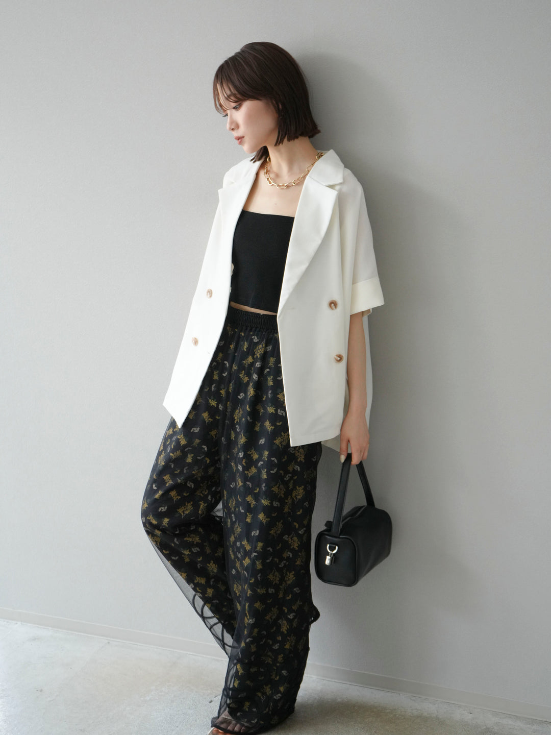 [SET]コード刺繍チュールレイヤードパンツ+ブーケプリントタックパンツ(2set)