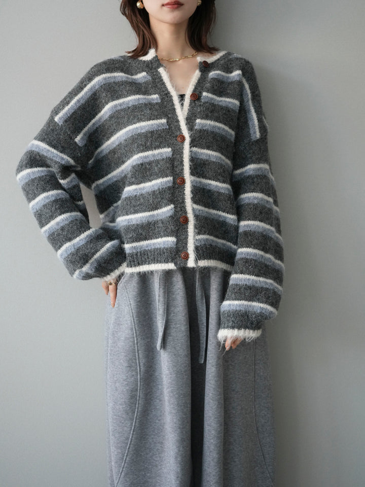[予約]ウールタッチ配色ボーダーニットカーディガン/gray