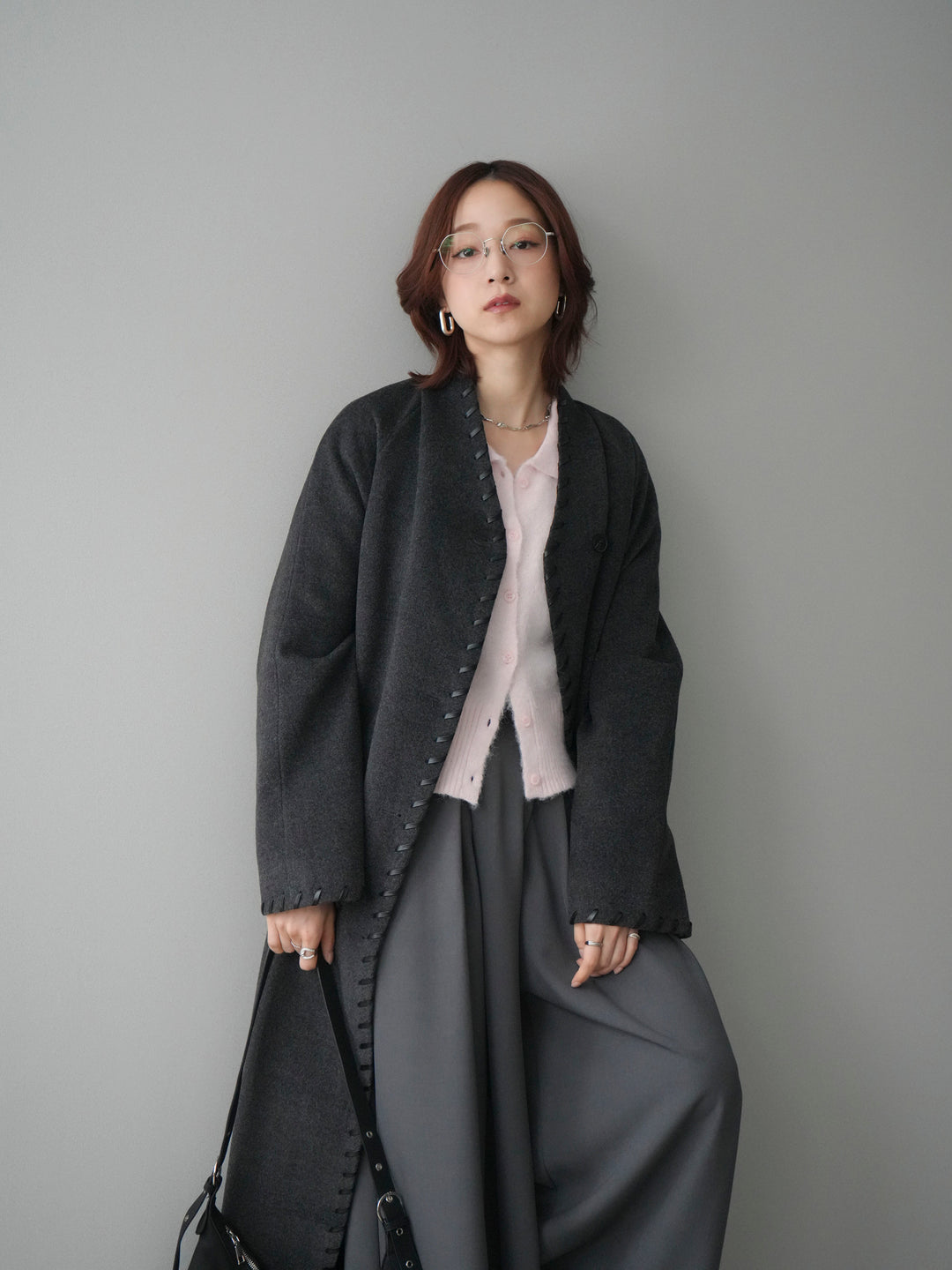 [SET]ハンドステッチ裏中綿ロングコート+モヘア衿付きボタンプルオーバー(2set)