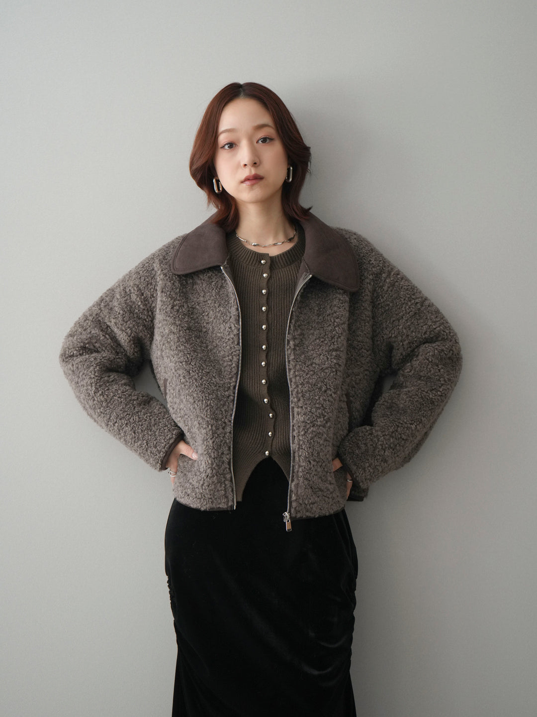 [予約]スエード襟ボアショートジャケット/brown