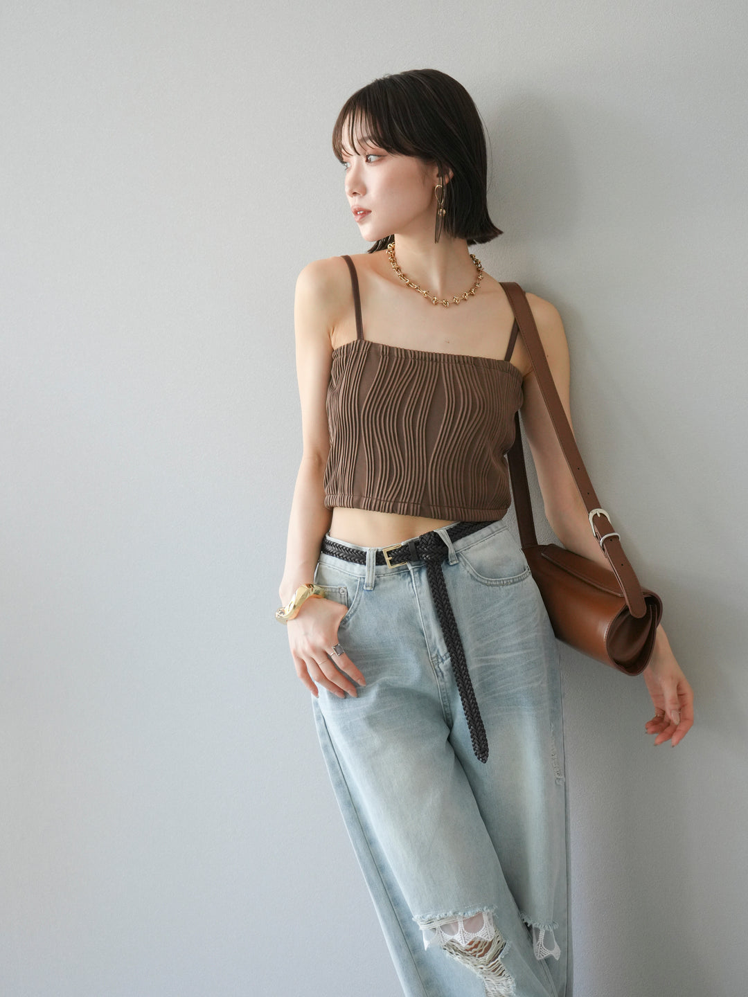 【預購】波浪滾邊杯裸色吊帶背心/棕色