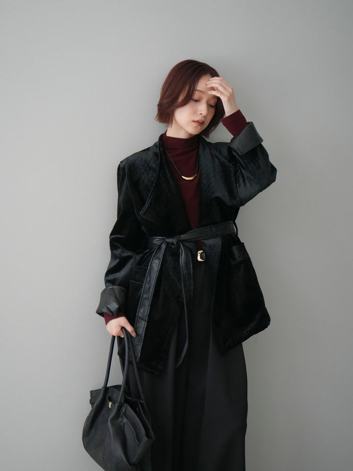 【套裝】絲絨禮服外套+小領墊肩磨毛上衣+腰帶環設計闊腿褲（三件套）