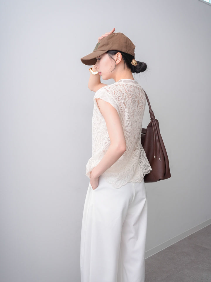 [SET]スカラップヘムレーストップス+アシンメトリーベルトタックワイドパンツ(2set)