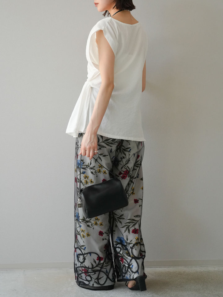 [SET] 側扭法式上衣+植物圖案休閒褲+繩繡薄紗疊穿褲（3件套裝）