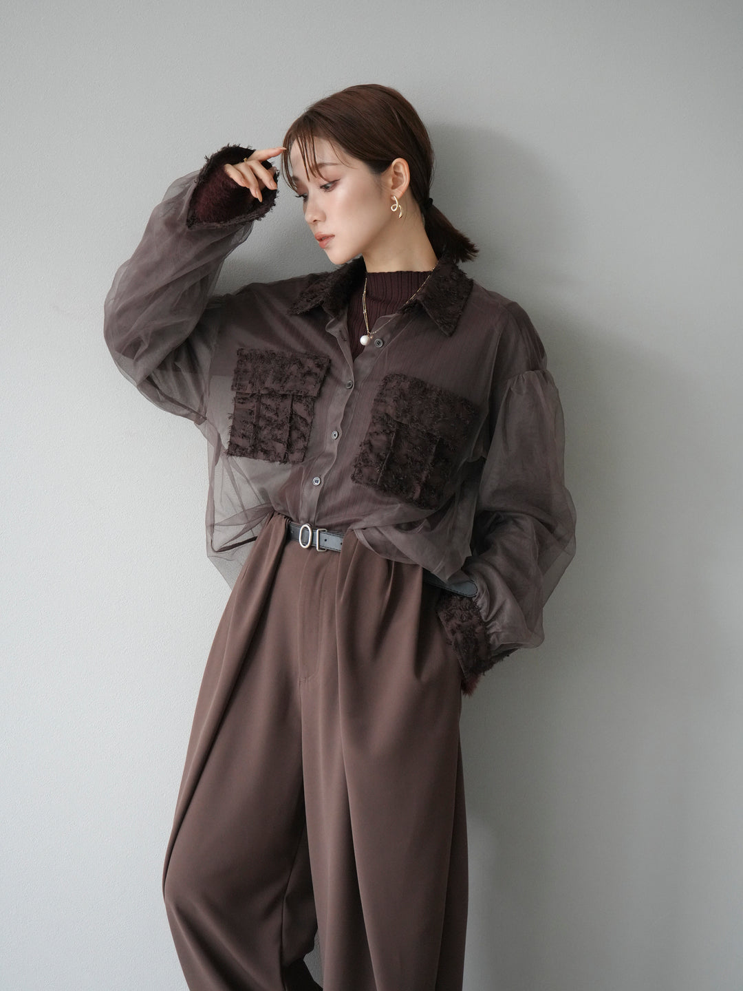 [予約]フリンジジャガード×チュールレイヤードシャツ/ブラウン