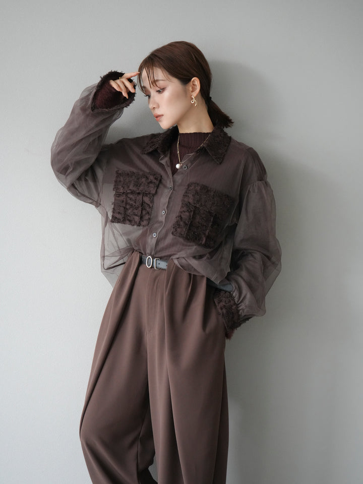 [予約]フリンジジャガード×チュールレイヤードシャツ/ブラウン
