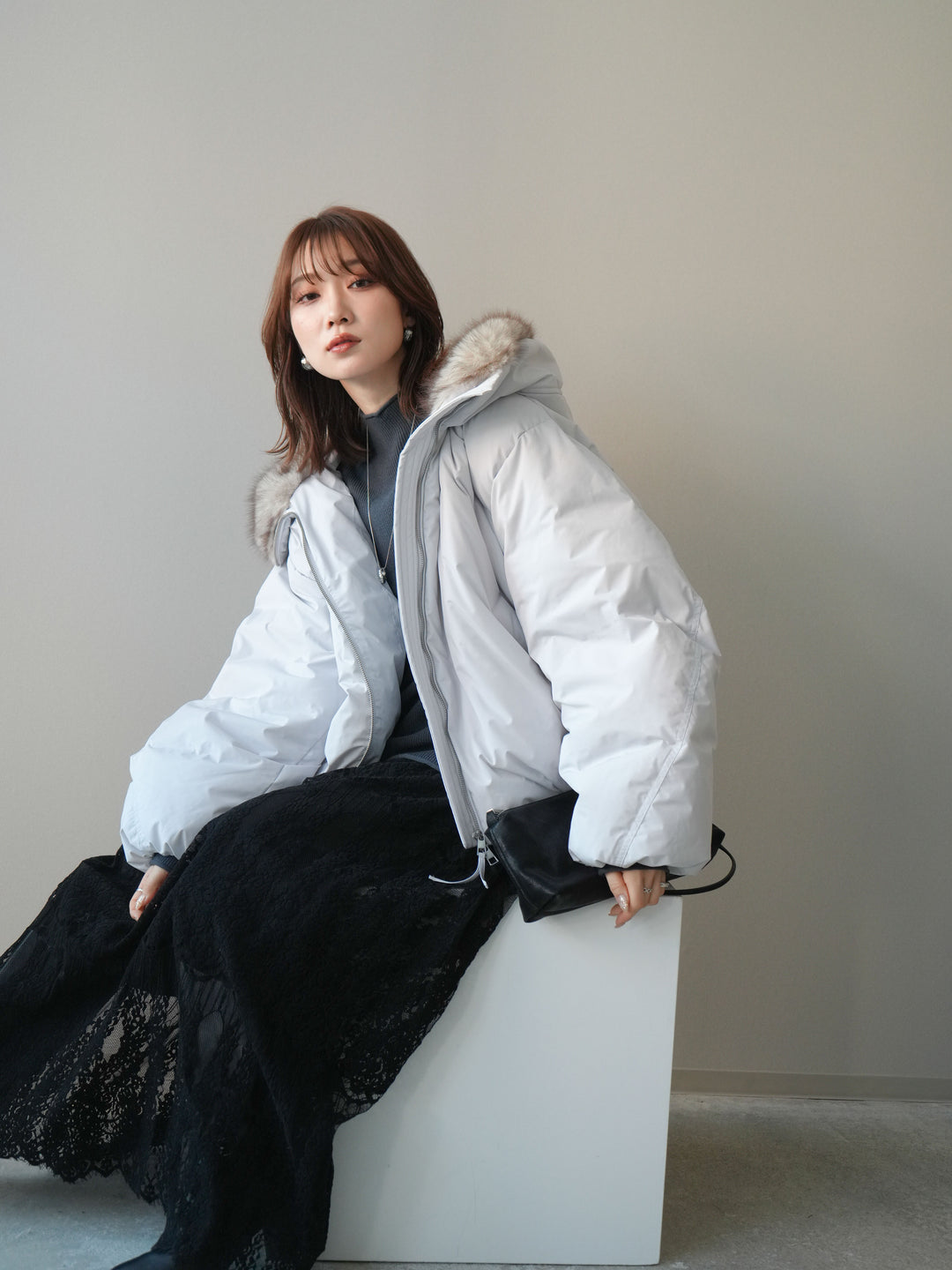 [予約]フードファーショートダウンコート/lightgray