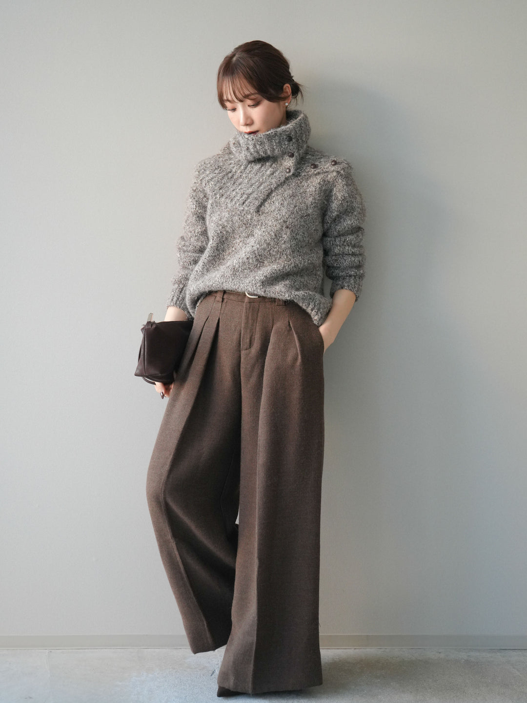 [予約]ウールタッチベルト付ワイドパンツ/brown