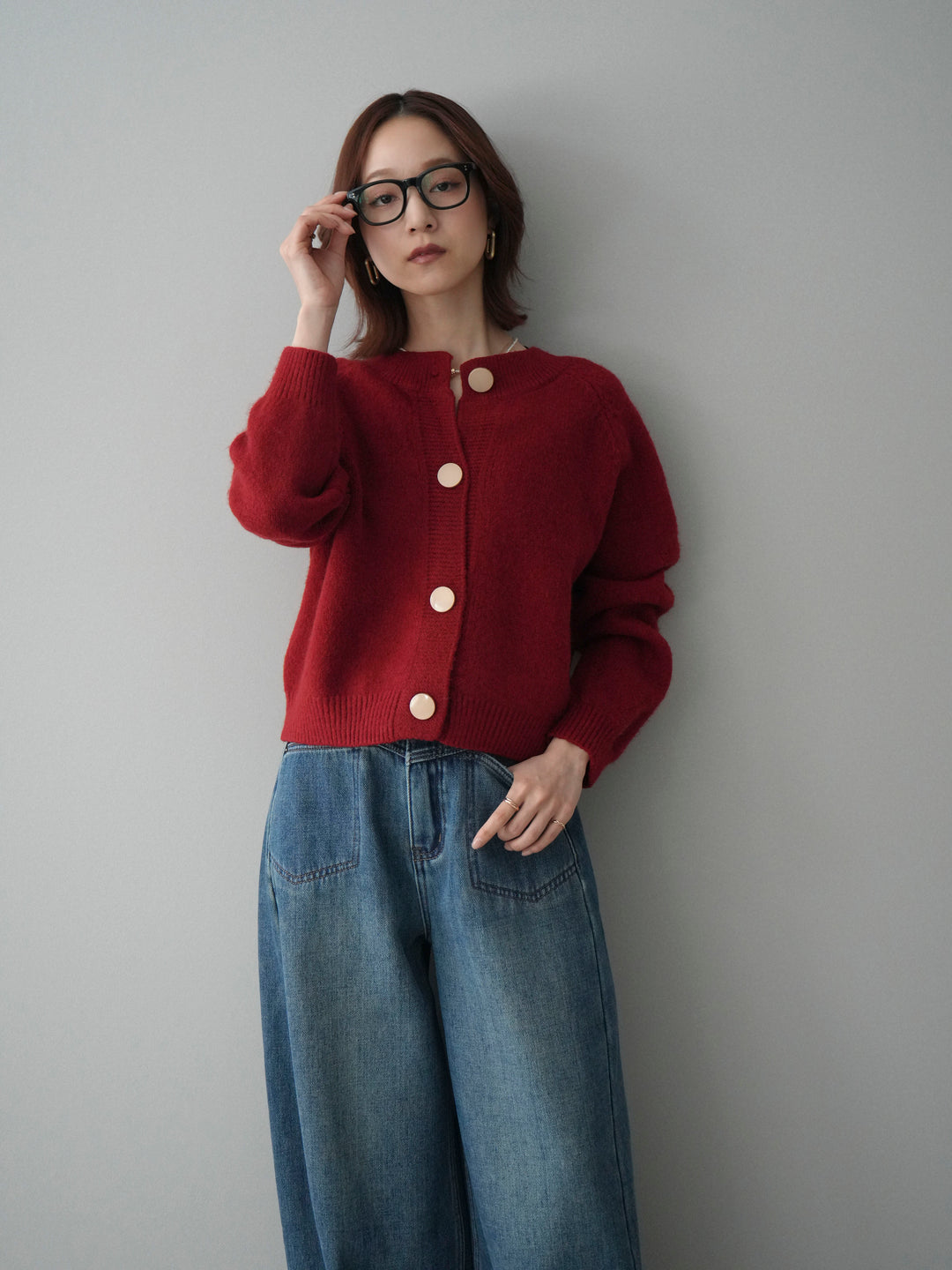 [SET]BIGボタンニットカーディガン+ベルト付裏起毛カーブデニムパンツ(2set)