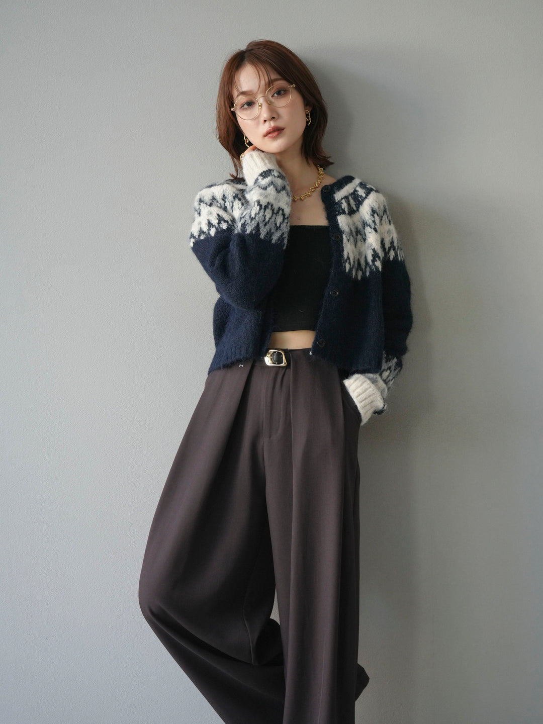 【着回しセット】[SET]求心柄クロップドニットカーディガン+ミックスヤーンペイズリー柄ニットカーディガン+ベルトループデザインワイドパンツ(3set)