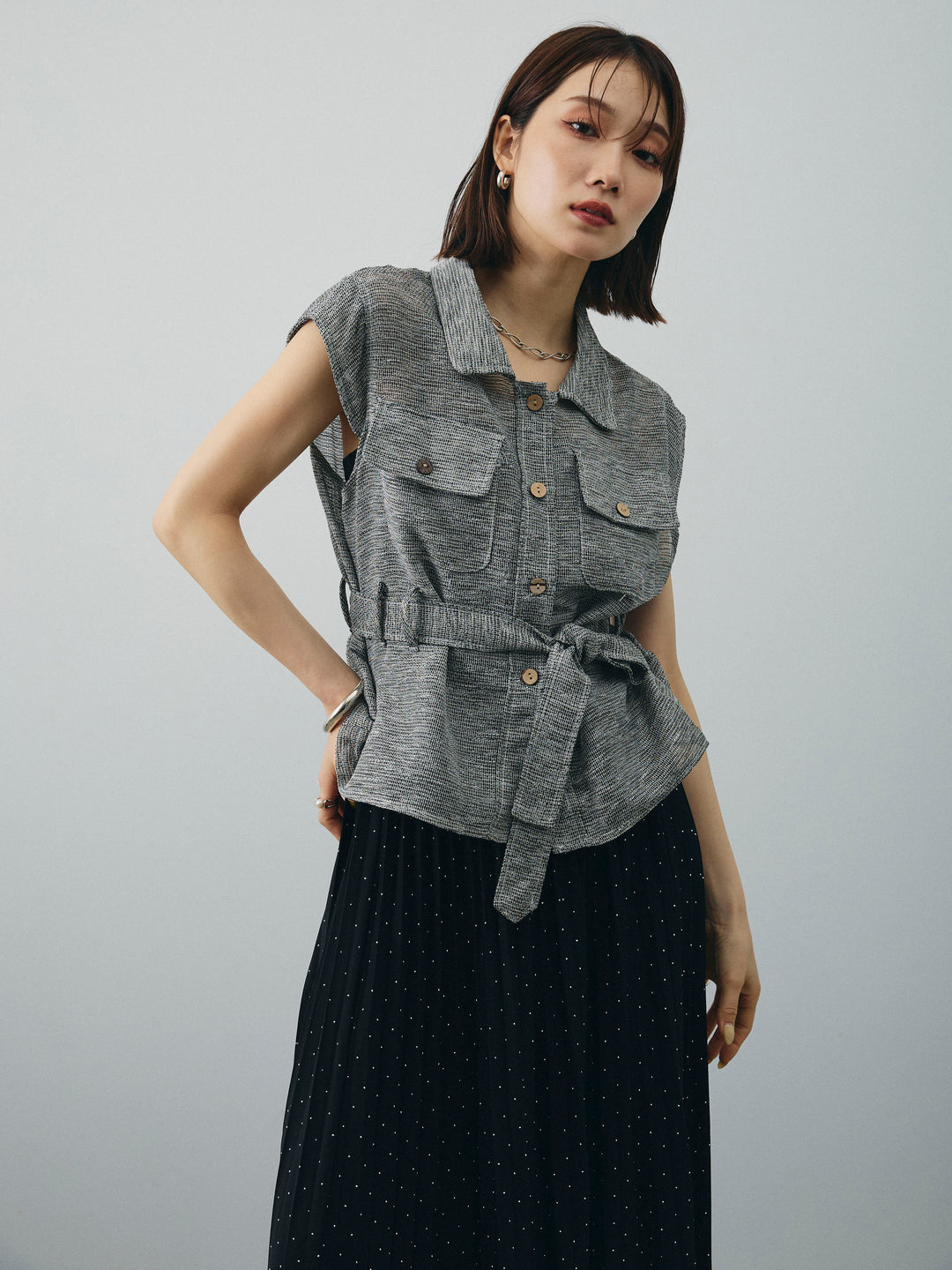 [予約]ミックスヤーンメッシュブラウス/ブラック