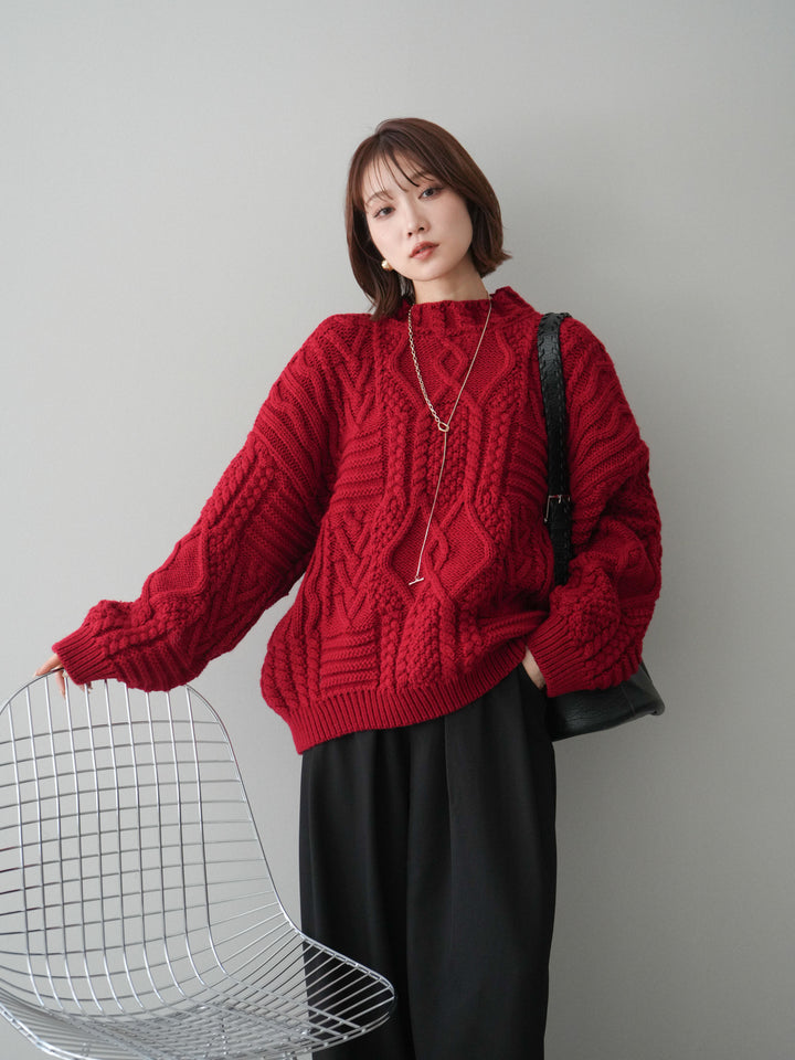 [SET]ケーブル編みモックネックニットプルオーバー+ベルトループデザインワイドパンツ(2set)