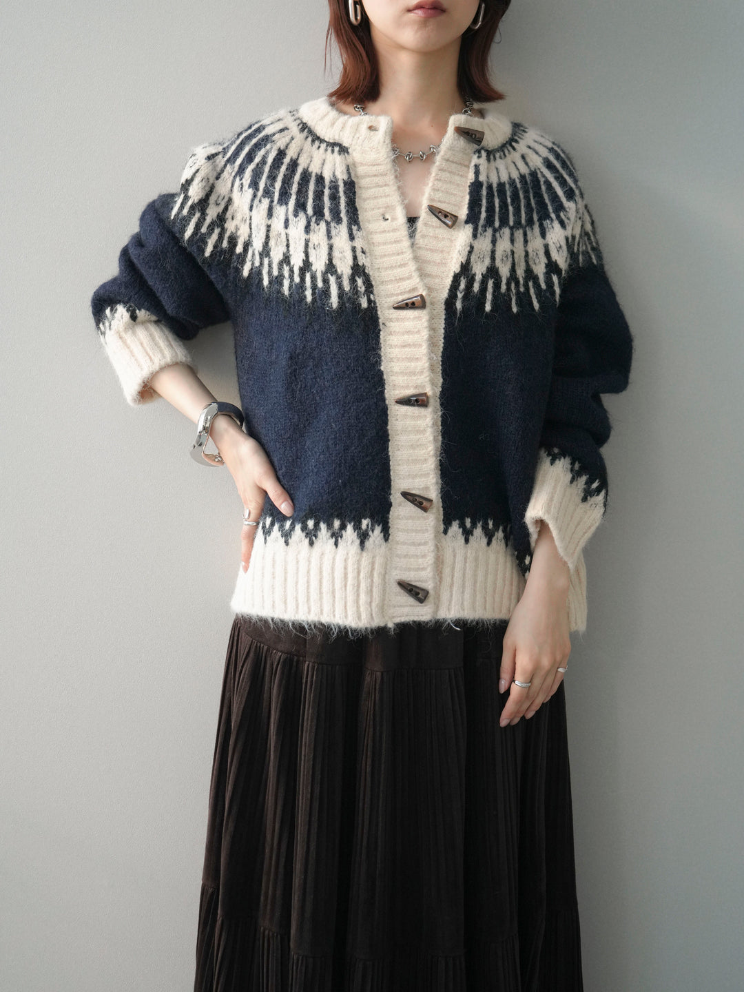 [予約]トグルボタン求心柄ニットカーディガン/blue