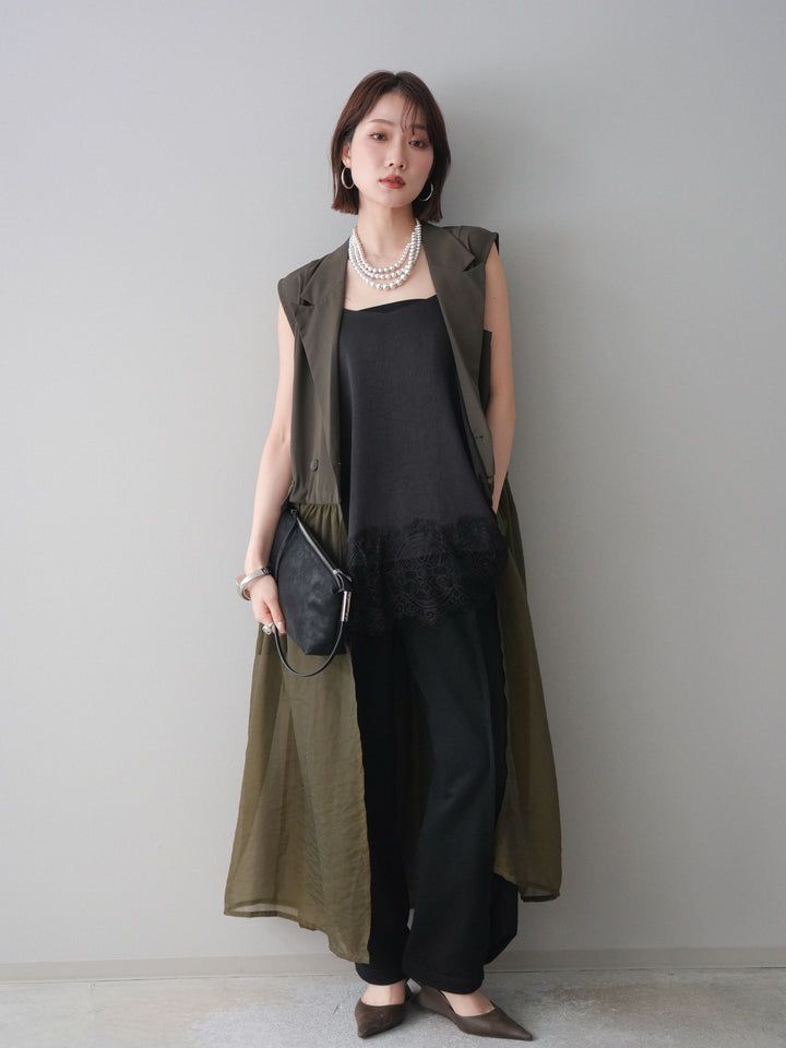 [SET]シアーレイヤードテーラードロングジレ+レーストリムキャミソール+2WAYデザインスウェットパンツ(3set)