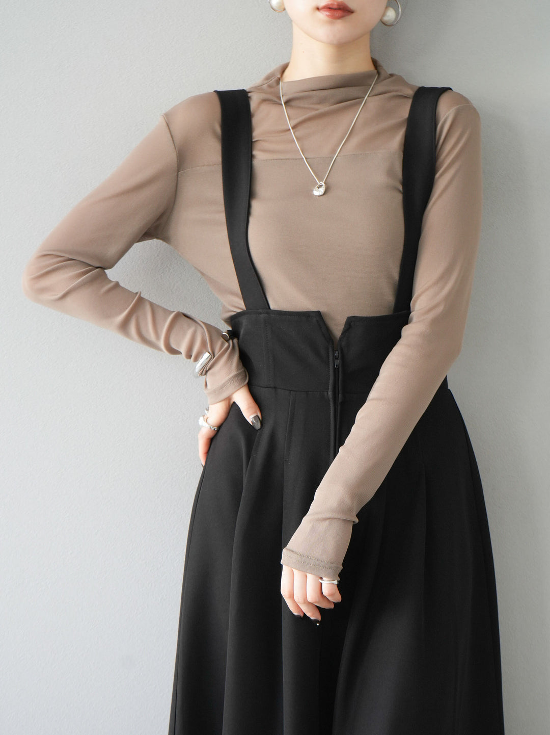 [SET]シアー切替ストレッチ長袖トップス+シアー切替ストレッチトップス(2set)