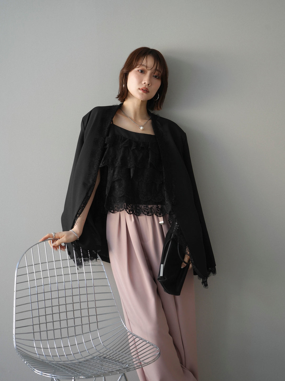 [SET]ノーカラーレースジャケット+ベルト付キーホルダーモチーフワイドパンツ(2set)
