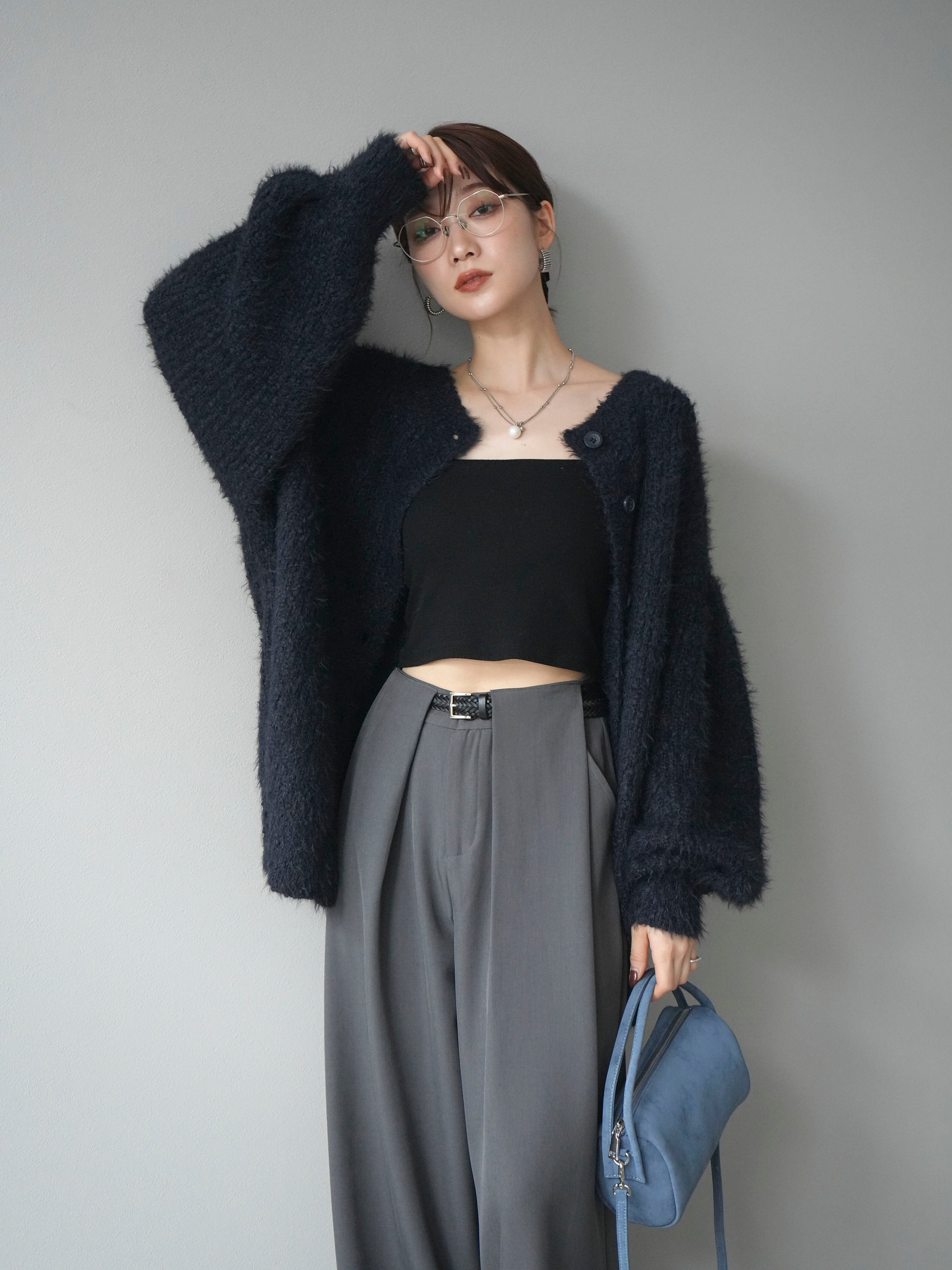 予約]クルーネックランダムシャギーカーディガン/ネイビー – Lumier