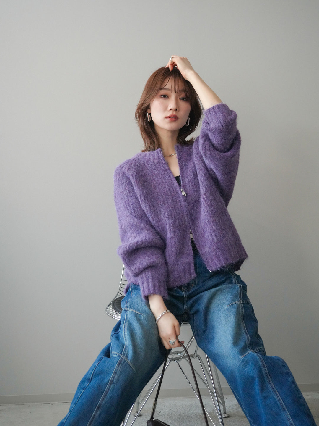 [予約]MIXヤーンモヘアタッチZIPニットカーディガン/purple