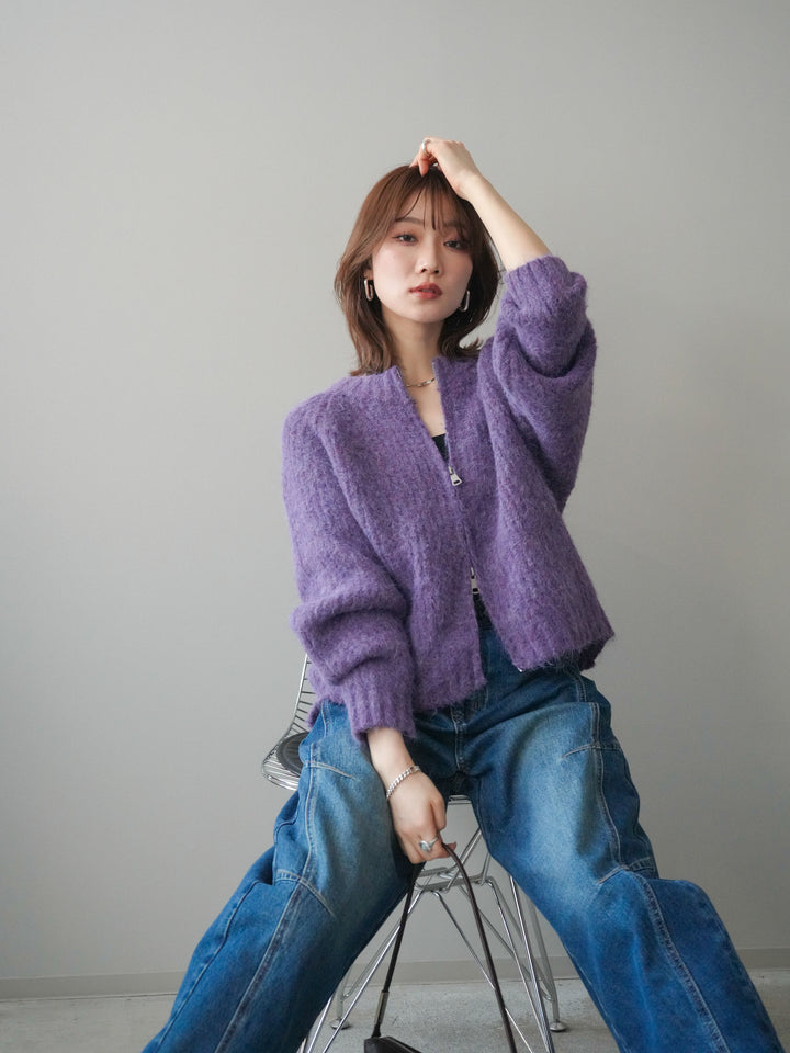 [予約]MIXヤーンモヘアタッチZIPニットカーディガン/purple