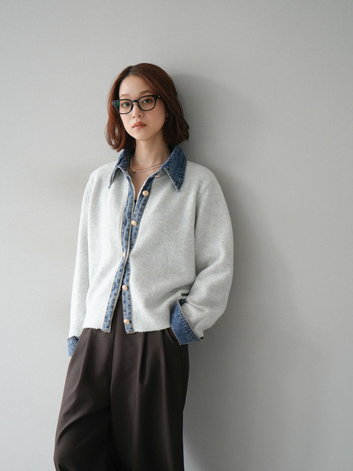 [SET]デニム襟ボタンニットカーディガン+エステルタックワイドパンツ(2set)