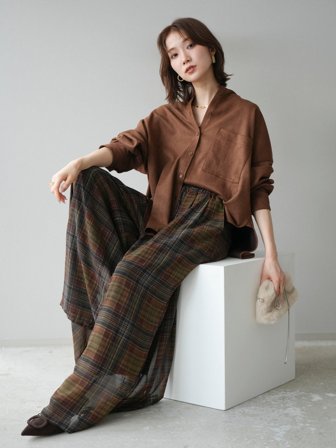 [SET]スエードバンドカラーオーバーシャツ+シアーチェックバギーパンツ(2set)