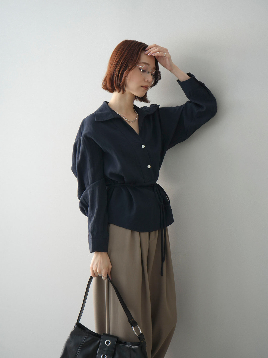 [予約]Vネック変形ラインシャツ/navy