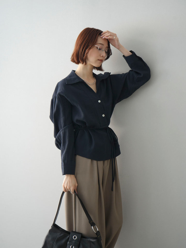 [予約]Vネック変形ラインシャツ/navy
