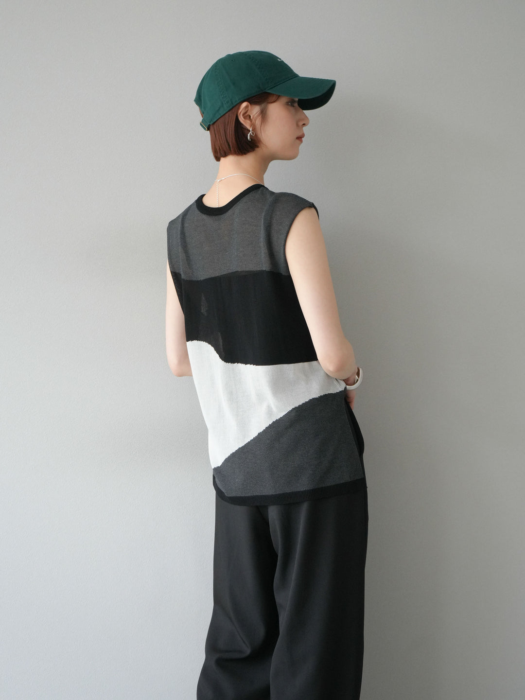 [SET]バイカラーシアーニットノースリーブ+ジップタックワイドパンツ(2set)