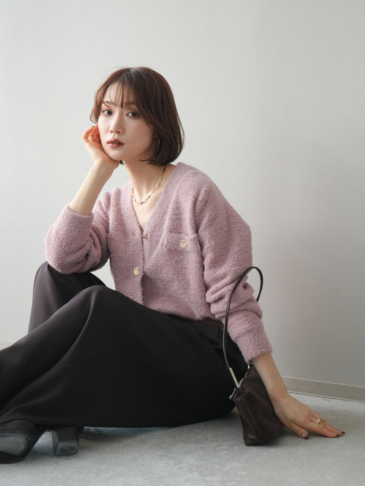 [SET]ゴールドボタンモールニットカーディガン+ベルトループデザインワイドパンツ(2set)