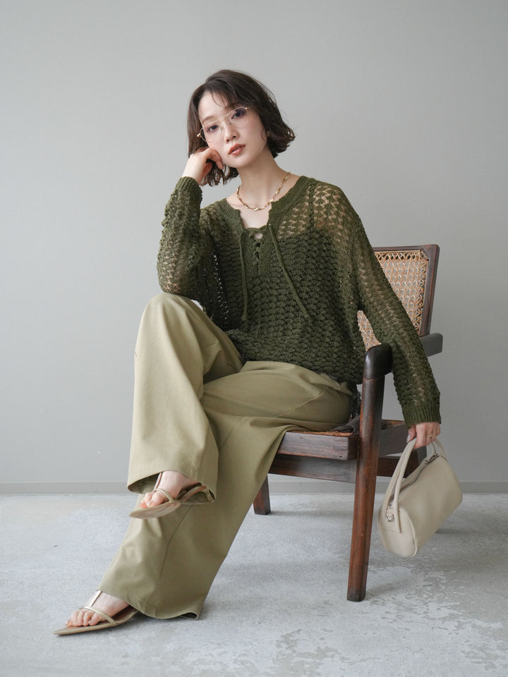 [予約]パネルメッシュニットトップス/khaki