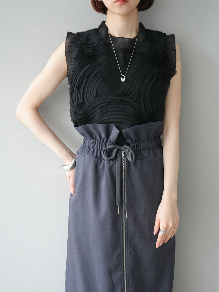 [SET]チュールジャガードノースリブラウス+ヘザーエステルギャザージップスカート(2set)