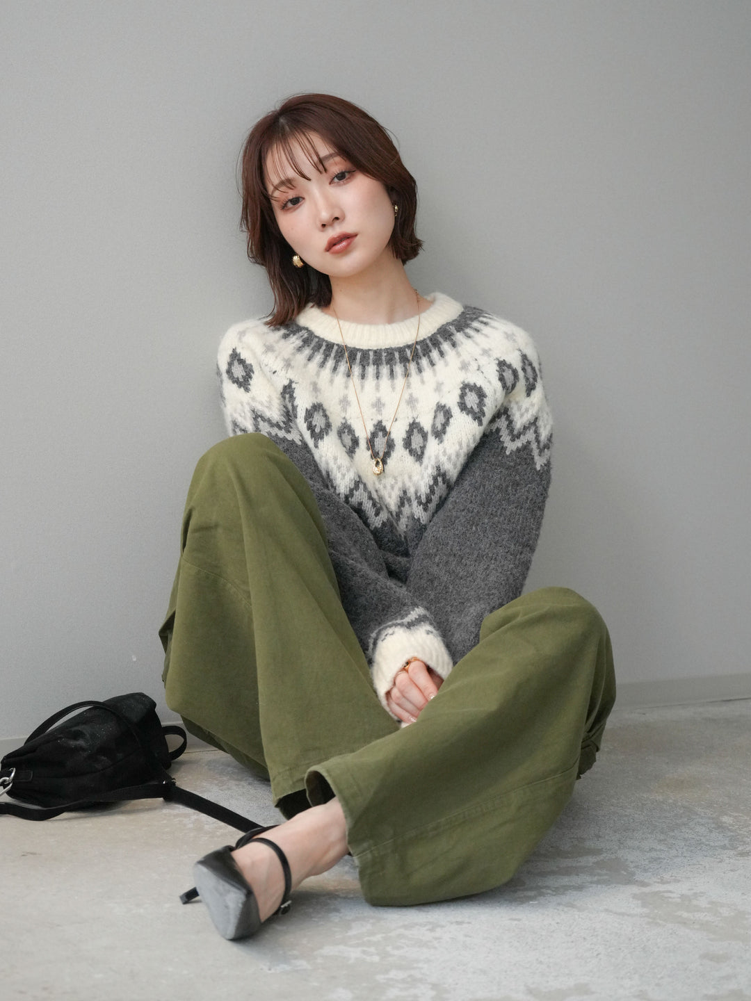 [予約]ノルディック柄ニットプルオーバー/gray