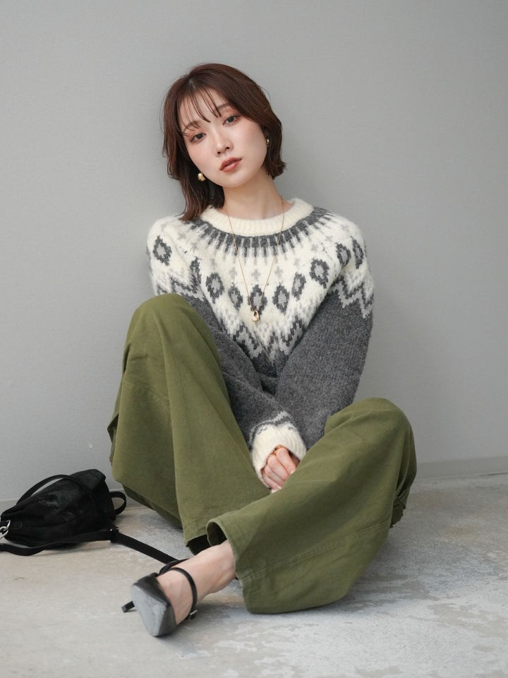[予約]ノルディック柄ニットプルオーバー/gray