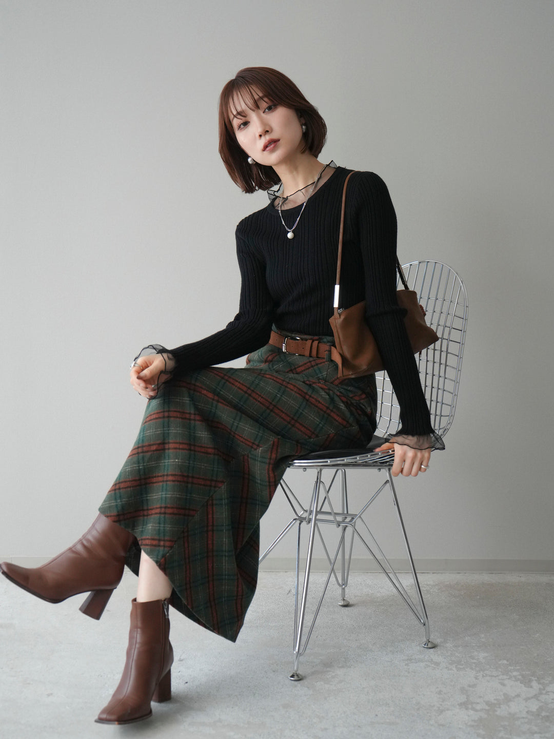 [SET]チュールドッキングリブニットトップス+ベルト付チェック柄ナロースカート(2set)