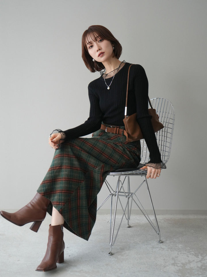 [SET]チュールドッキングリブニットトップス+ベルト付チェック柄ナロースカート(2set)