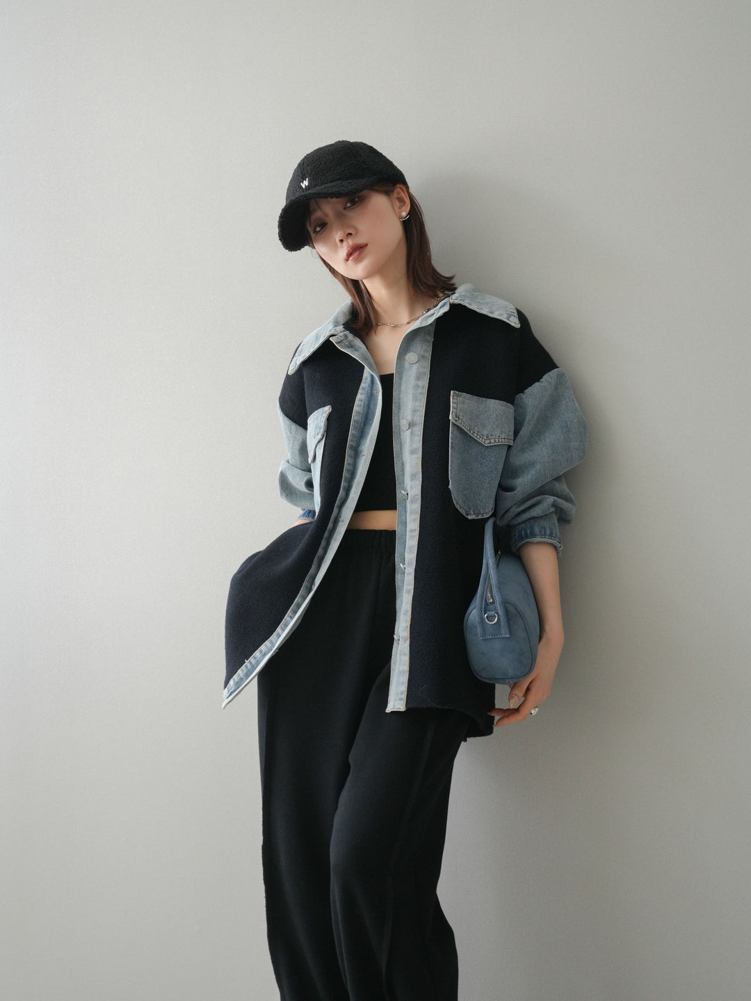 [SET]デニム襟ダブルフェイスニットカーディガン+2WAYデザインスウェットパンツ(2set)