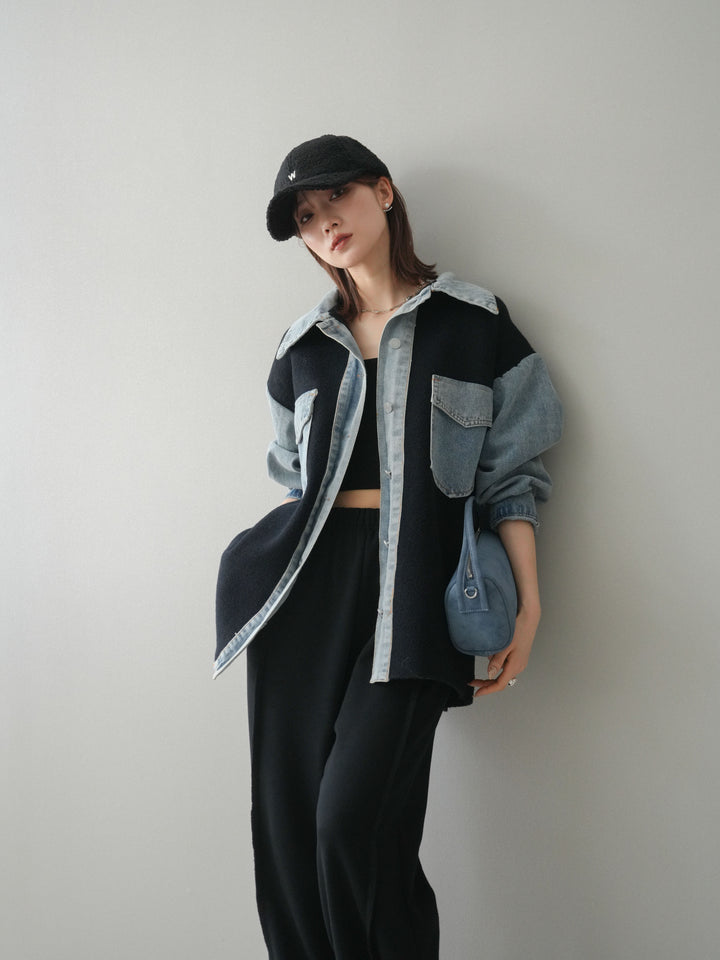 [SET]デニム襟ダブルフェイスニットカーディガン+2WAYデザインスウェットパンツ(2set)