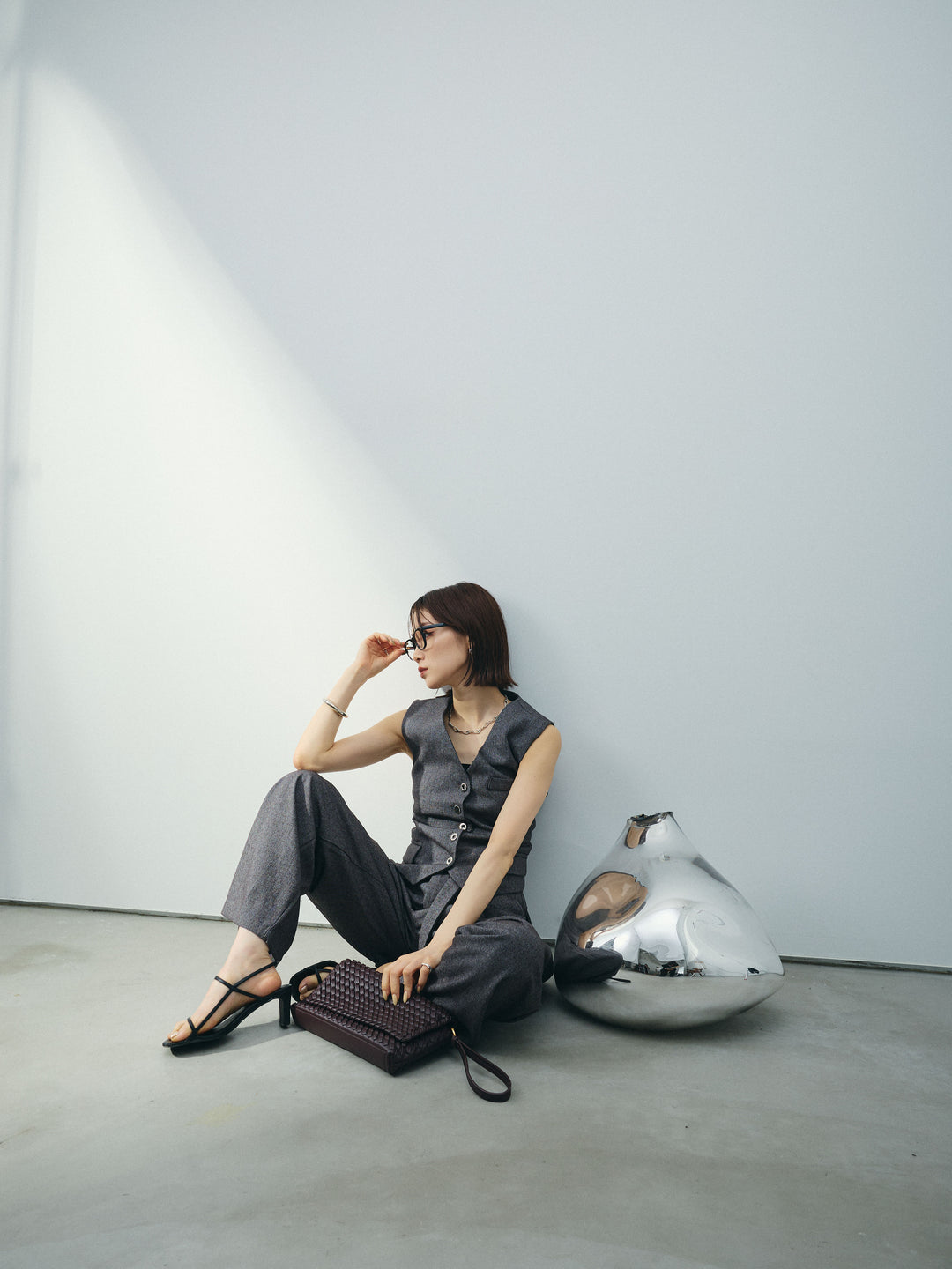 [SET]フラワーモチーフレースアップジレ＆ベルト付ワイドパンツSET UP(2set)