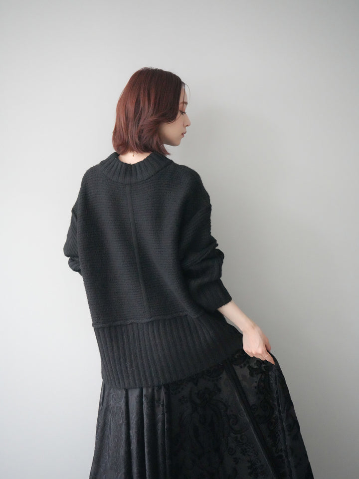 [SET]編み地切替ボトルネックニットプルオーバー+アンティーク柄フロッキーマキシスカート(2set)