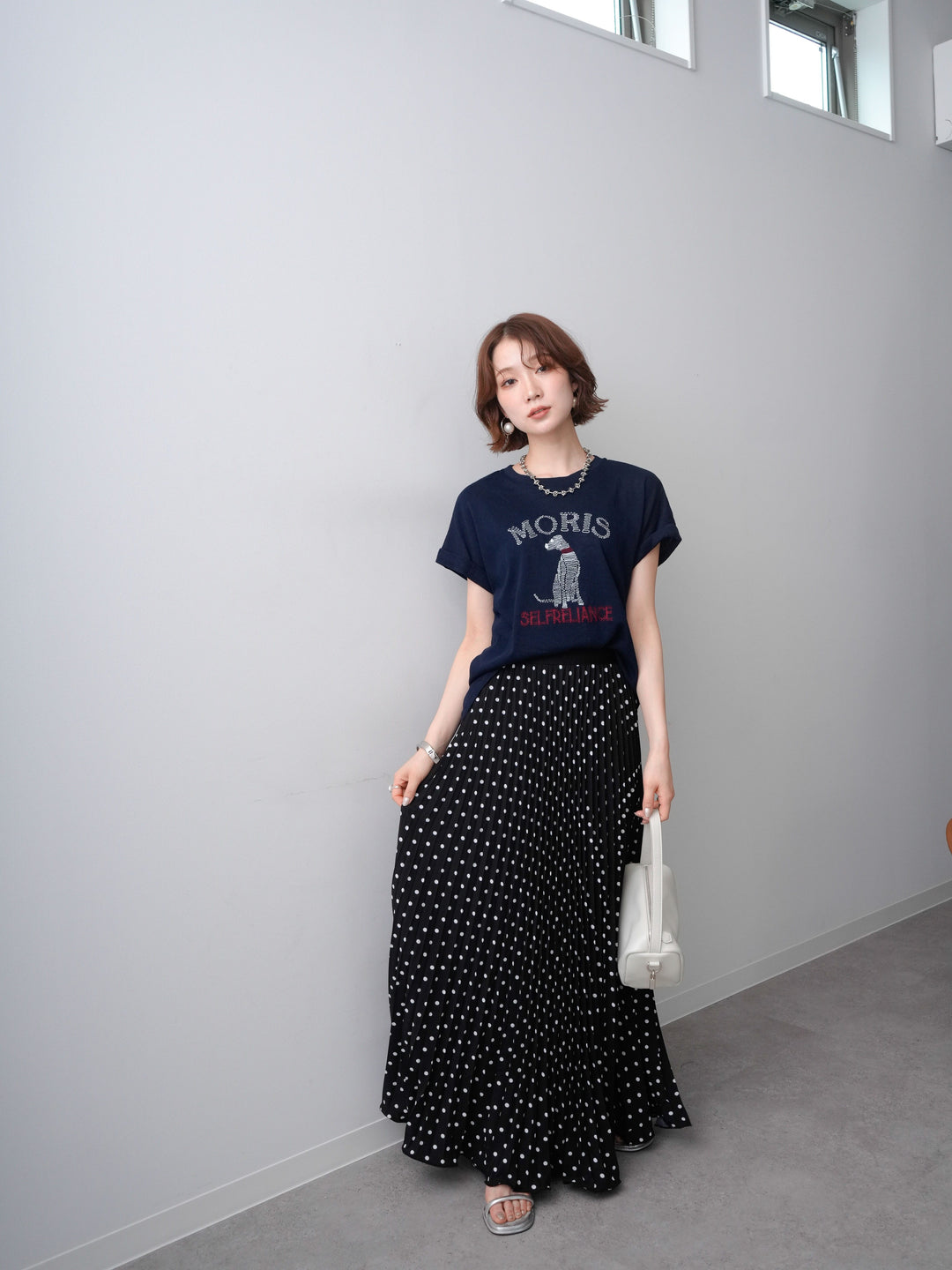 [SET]ドッグエンブロイダリーTEE+ドットアコーディオンプリーツスカート(2set)